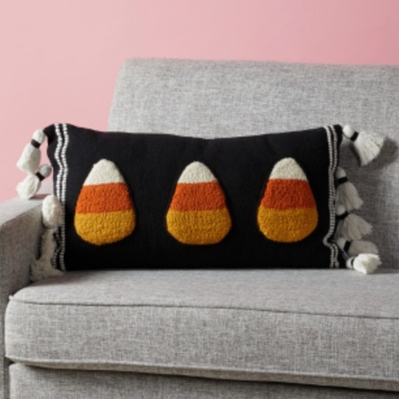 Candy Corn Halloween Tufted Embroidered Tassel Pillow Black Yellow Orange